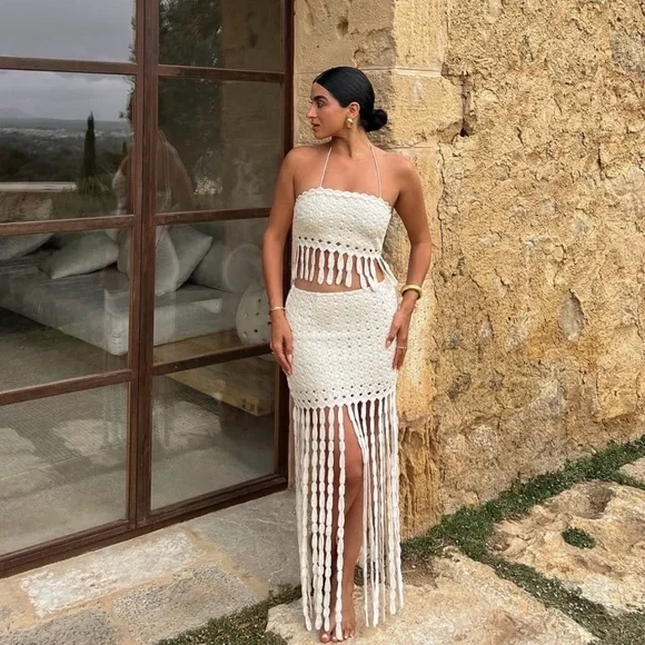 VICI Sweet Escape Fringe Crochet Crop Top & Maxi Skirt Set- large - Picture 2 of 12